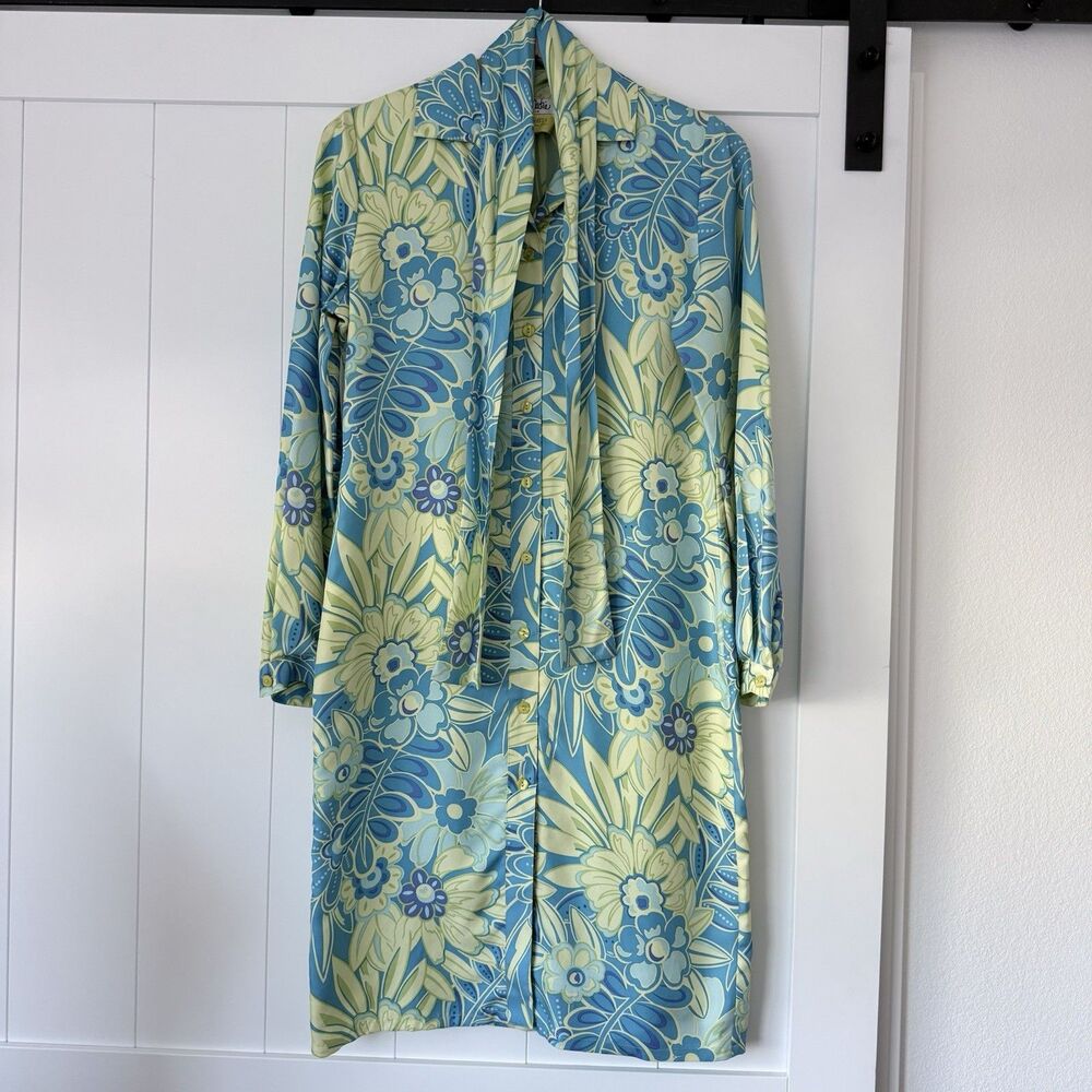 VTG Bob Mackie 100% Silk 70s Retro Mod Floral Midi Shirt Dress Duster S Modern 4
